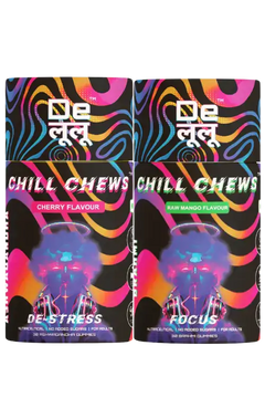 Delulu Chill Chews functional gummies in Cherry Flavour (De-Stress) and Raw Mango Flavour (Focus) combo pack