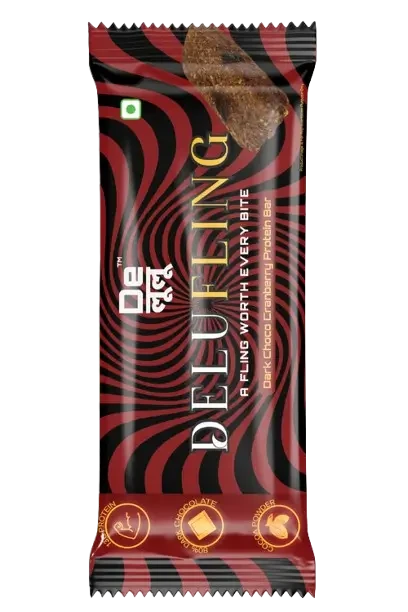 Delulu Delufling™ Dark Choco Cranberry Protein Bar with dark chocolate, cranberries, 13g protein and no added sugar
