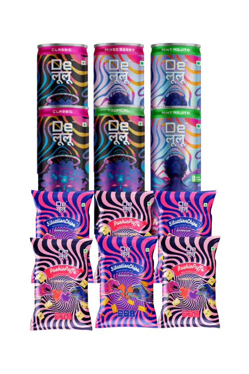 Delulu combo bundle with Activate and Manifest energy drinks plus Situationships and Pookie Puffs protein snacks