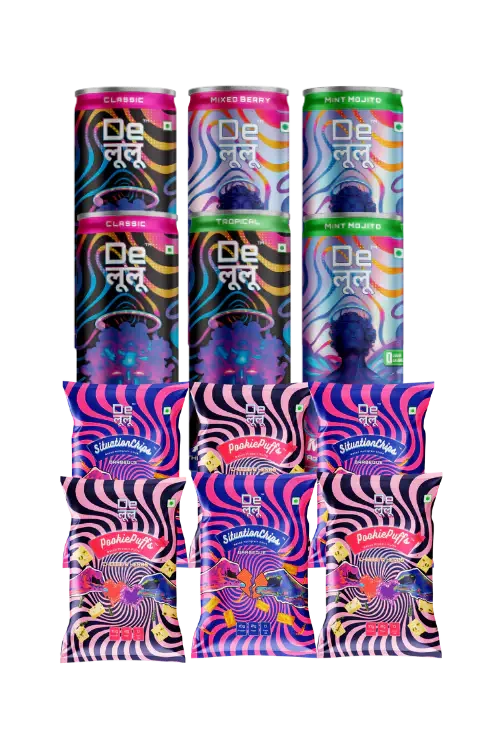 Delulu combo bundle with Activate and Manifest energy drinks plus Situationships and Pookie Puffs protein snacks