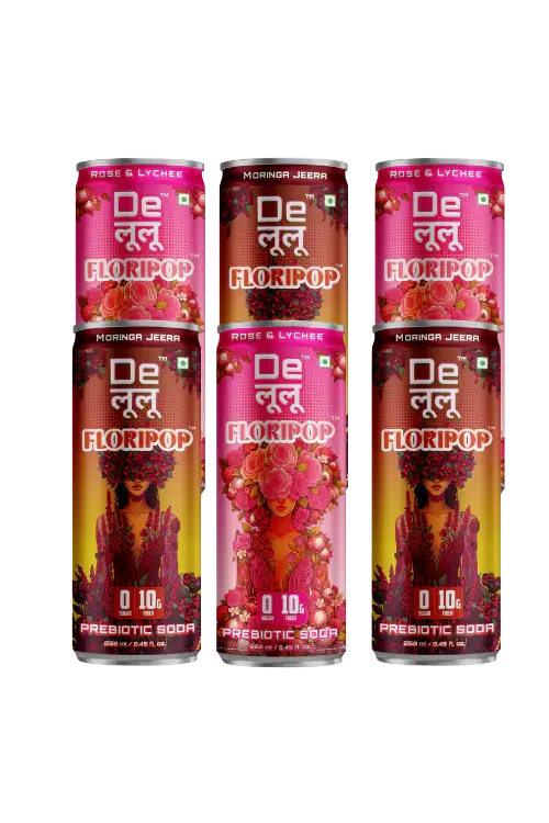 Delulu Floripop Prebiotic Soda combo bundle featuring Rose & Lychee and Moringa Jeera flavours.