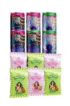 Delulu combo bundle with Activate and Manifest energy drinks plus Sour Cream & Onion and Spicy Lemon Chilly Mingle Millets snacks