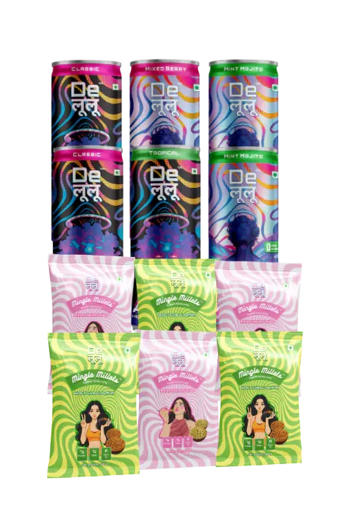 Delulu combo bundle with Activate and Manifest energy drinks plus Sour Cream & Onion and Spicy Lemon Chilly Mingle Millets snacks