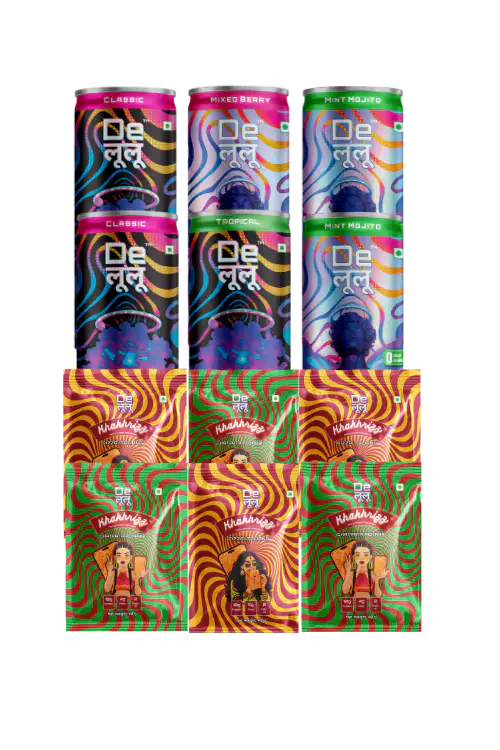 Delulu combo bundle with Activate and Manifest energy drinks plus Pizza Italiano and Chatpata Achari Khakrizz protein snacks
