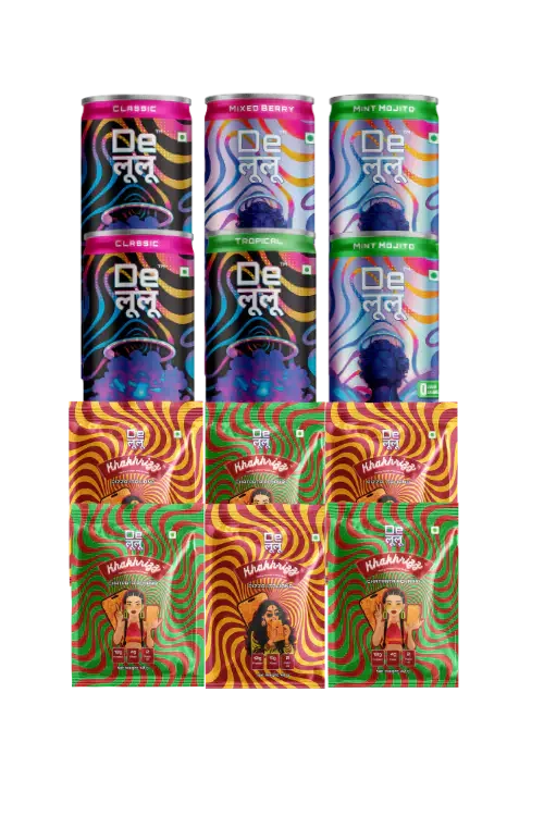 Delulu combo bundle with Activate and Manifest energy drinks plus Pizza Italiano and Chatpata Achari Khakrizz protein snacks