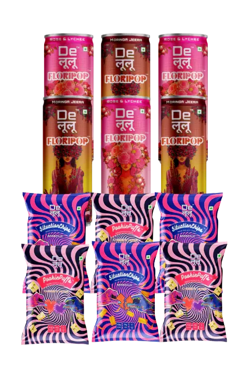 Delulu combo bundle with two Floripop prebiotic soda flavours, Situationships snacks and Pookie Puffs