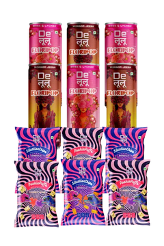 Delulu combo bundle with two Floripop prebiotic soda flavours, Situationships snacks and Pookie Puffs