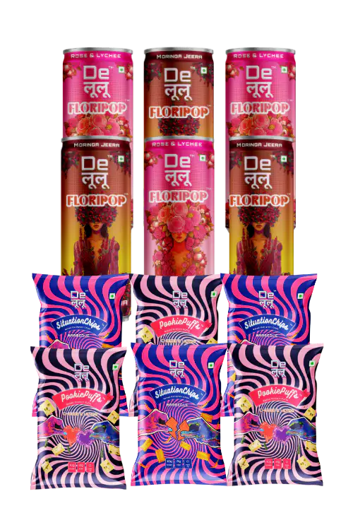 Delulu combo bundle with two Floripop prebiotic soda flavours, Situationships snacks and Pookie Puffs