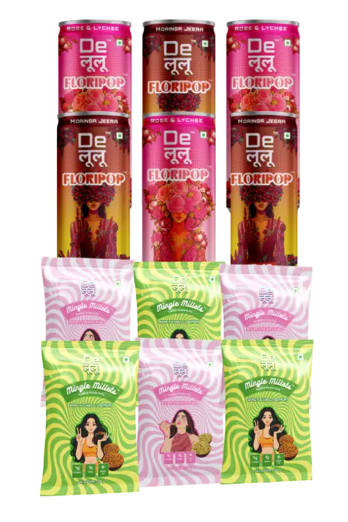 Delulu combo bundle with two Floripop prebiotic soda flavours and two Mingle Millets snack flavours