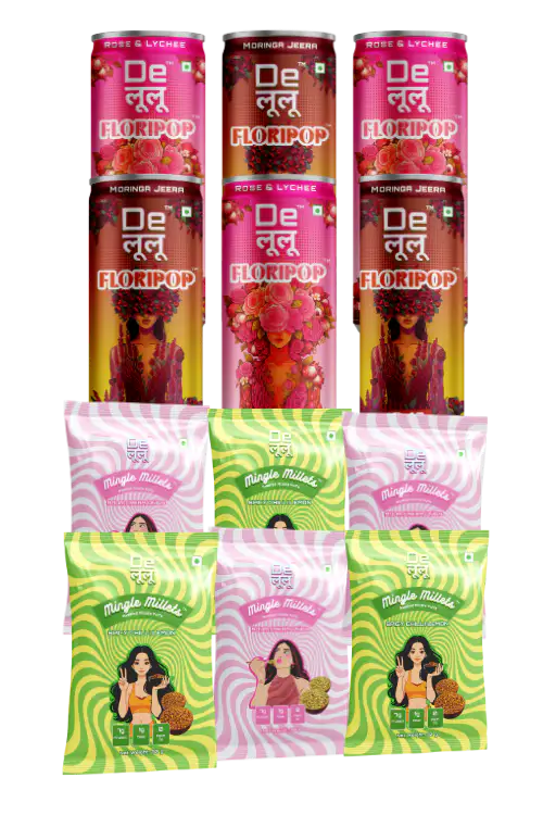 Delulu combo bundle with two Floripop prebiotic soda flavours and two Mingle Millets snack flavours