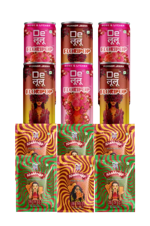 Delulu combo bundle with two Floripop prebiotic soda flavours and two Khakrizz snack flavours