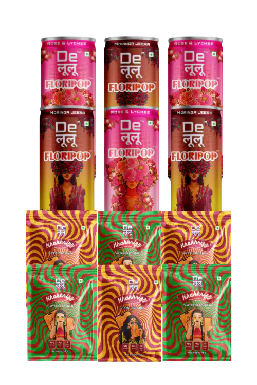 Delulu combo bundle with two Floripop prebiotic soda flavours and two Khakrizz snack flavours