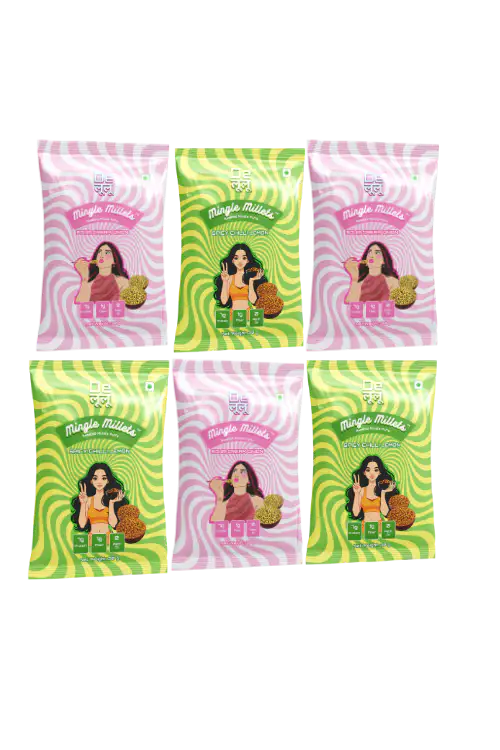 Delulu™ Mingle Millets combo bundle with Spicy Lemon Chilly and Sour Cream & Onion roasted millet puffs.