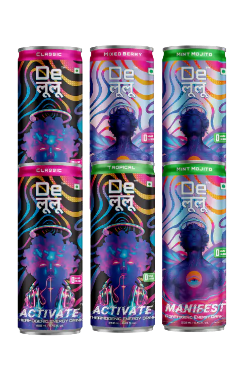 Delulu energy drink bundle with Activate Classic, Activate Tropical, Manifest Mixed Berry and Manifest Mint Mojito
