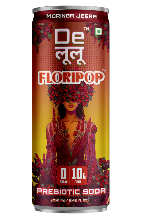 Delulu Floripop™ Moringa Jeera Prebiotic Soda can with 10g prebiotic fiber and zero sugar
