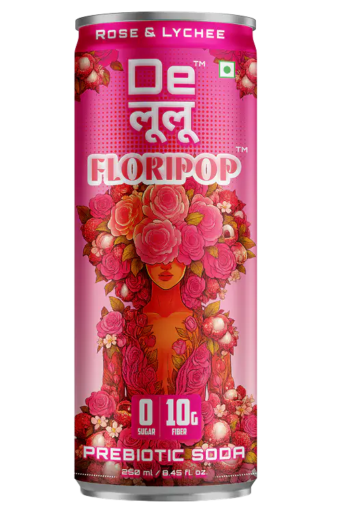 Delulu Floripop™ Rose & Lychee Prebiotic Soda can with 10g prebiotic fiber and zero sugar