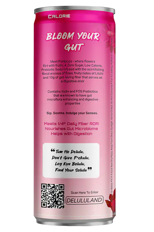 Delulu Floripop™ Rose & Lychee Prebiotic Soda can with 10g prebiotic fiber and zero sugar