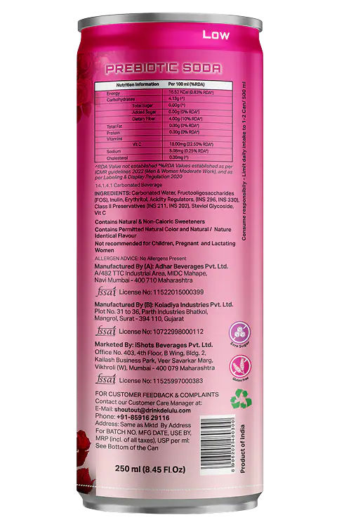 Delulu Floripop™ Rose & Lychee Prebiotic Soda can with 10g prebiotic fiber and zero sugar