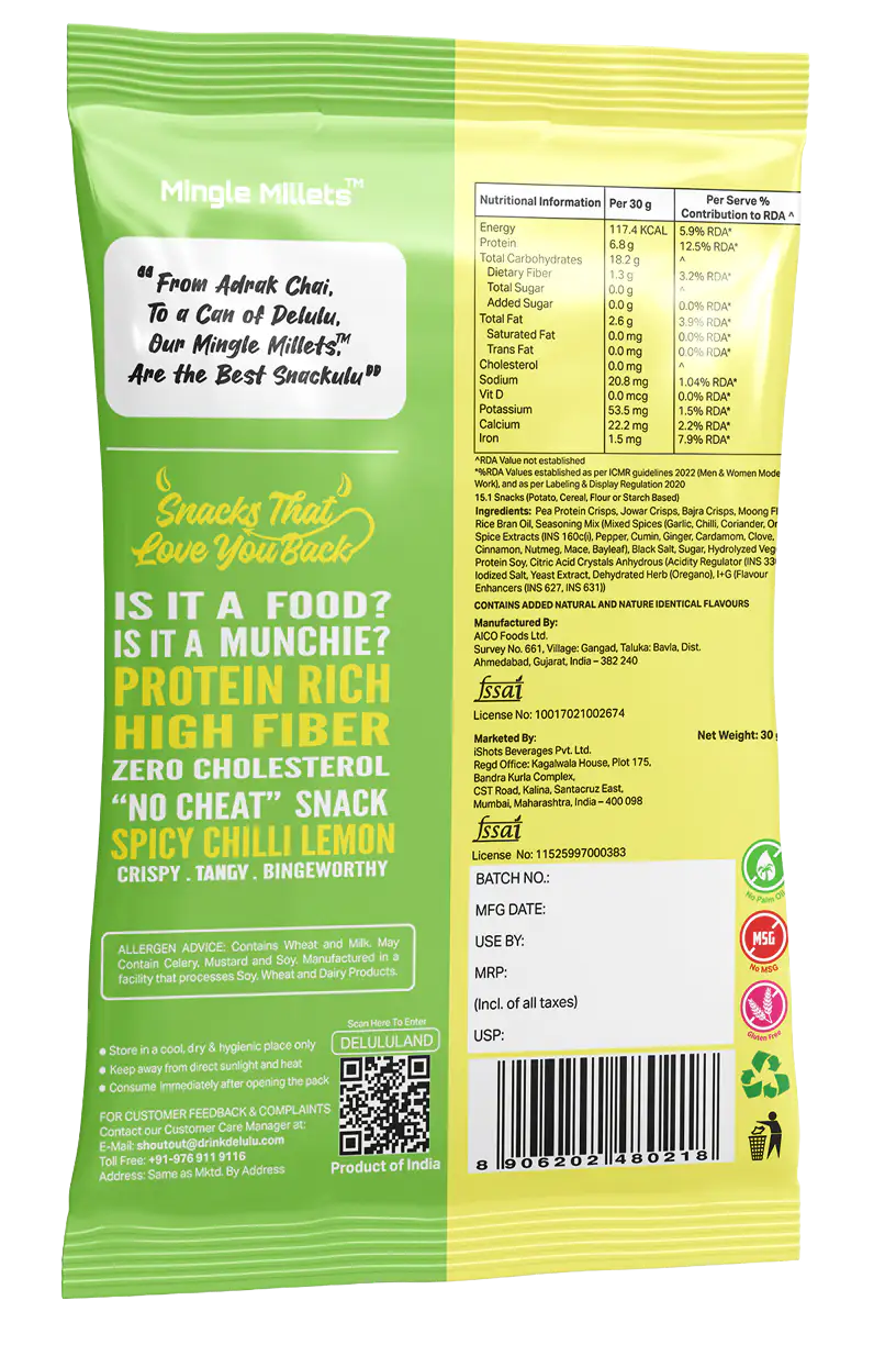 Delulu Mingle Millets™ Spicy Chilli Lemon roasted millet puffs with 7g protein, 1g fiber and no palm oil