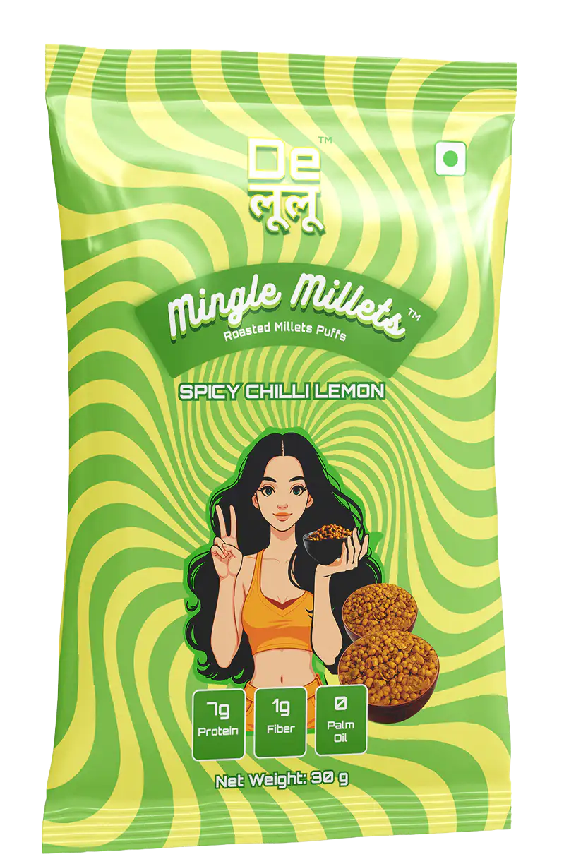 Delulu Mingle Millets™ Spicy Chilli Lemon roasted millet puffs with 7g protein, 1g fiber and no palm oil