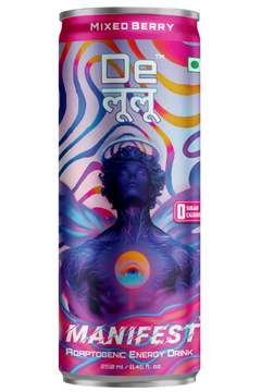 Delulu Manifest™ Mixed Berry Adaptogenic Energy Drink can with adaptogenic blend, natural caffeine, zero sugar and zero calories