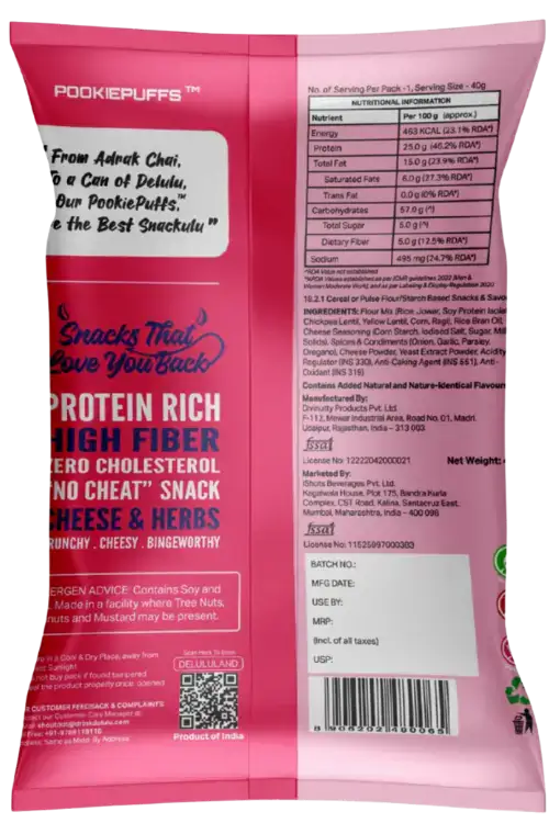 Delulu Pookie Puffs™ Cheese & Herbs baked protein puffs with 10g protein, 2g fiber and no palm oil