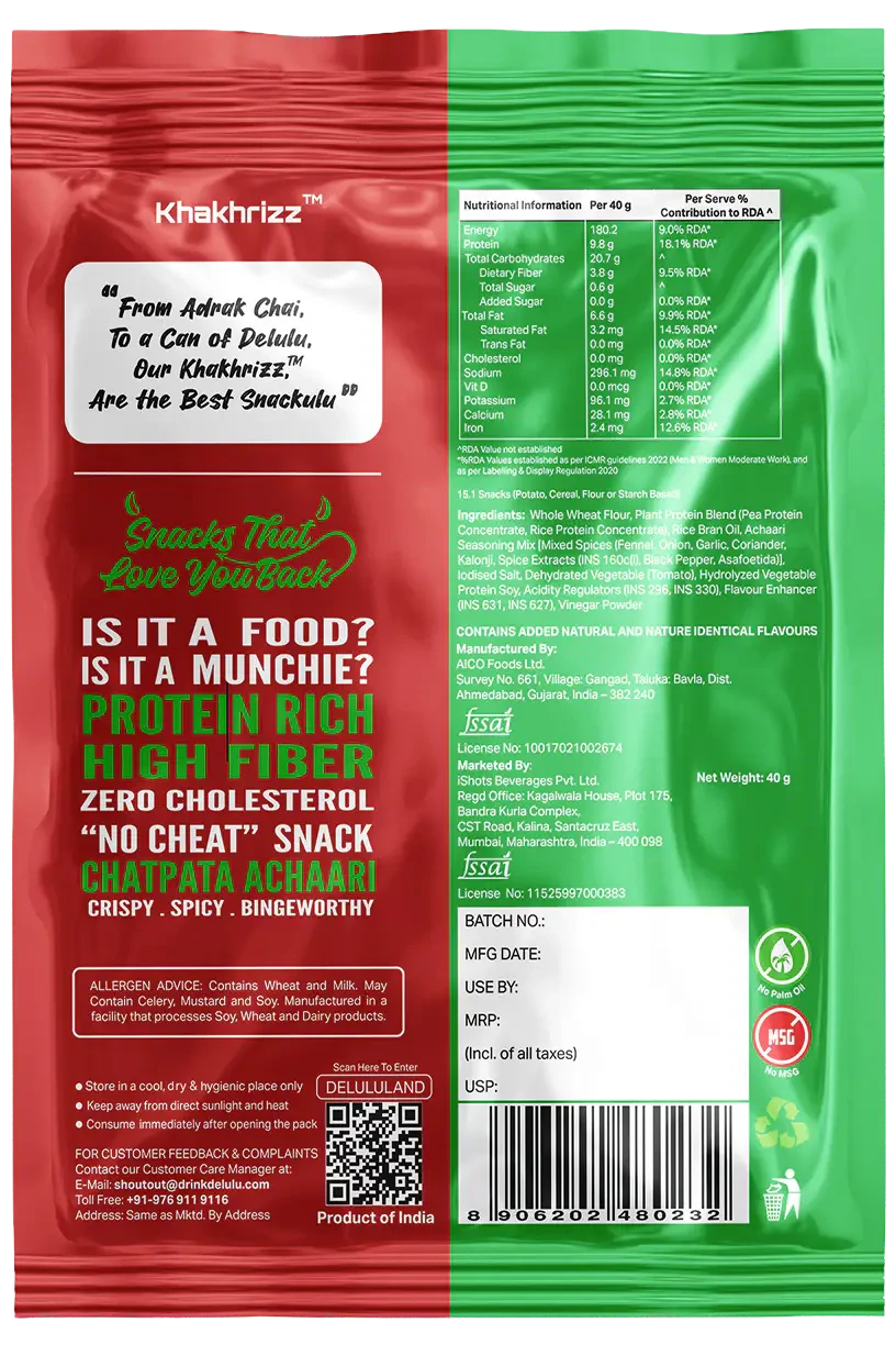 Delulu Khakhrizz™ Chatpata Achari spicy Indian flatbread chips with 10g protein, 4g fiber and no palm oil