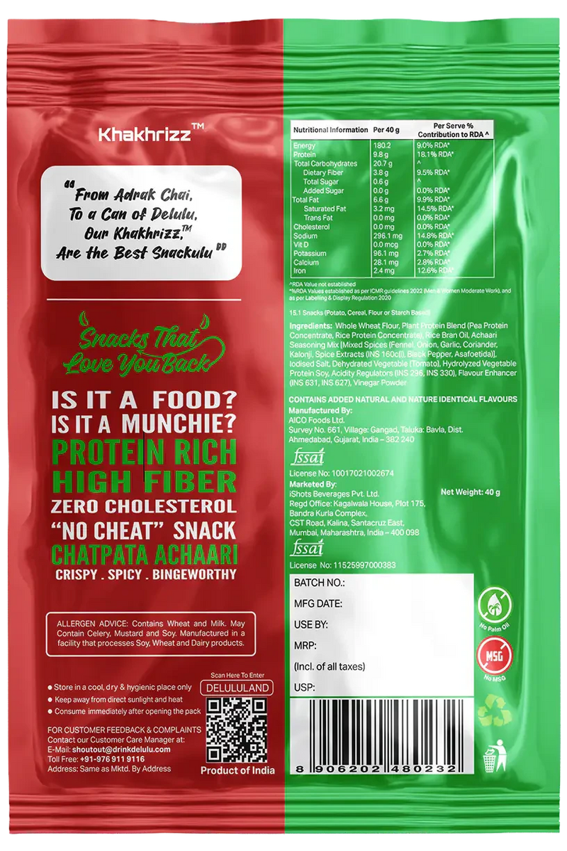 Delulu Khakhrizz™ Chatpata Achari spicy Indian flatbread chips with 10g protein, 4g fiber and no palm oil