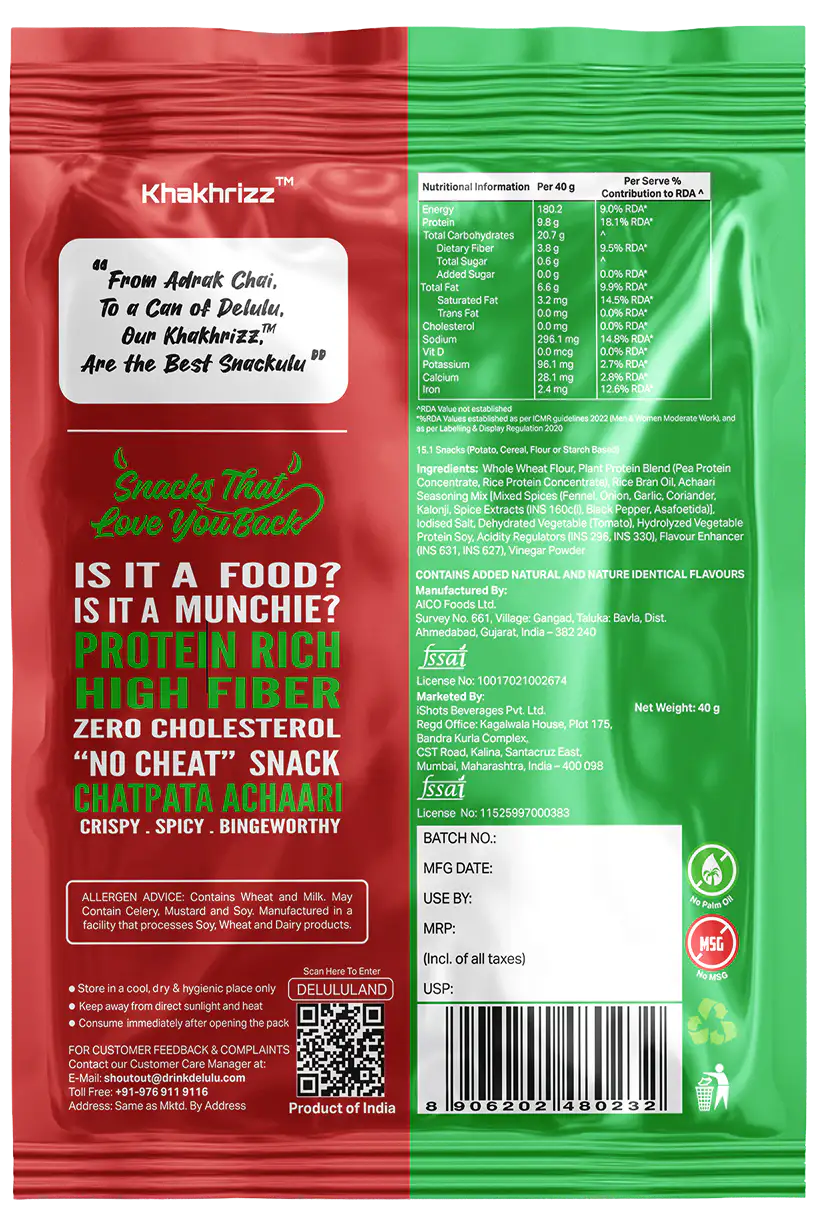 Delulu Khakhrizz™ Chatpata Achari spicy Indian flatbread chips with 10g protein, 4g fiber and no palm oil