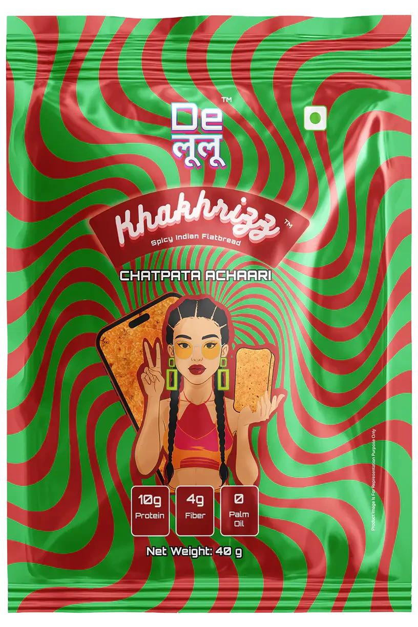 Delulu Khakhrizz™ Chatpata Achari spicy Indian flatbread chips with 10g protein, 4g fiber and no palm oil
