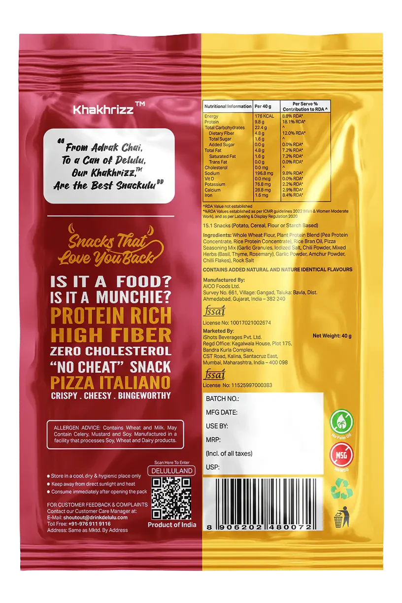 Delulu Khakhrizz™ Pizza Italiano spicy Indian flatbread chips with 10g protein, 5g fiber and no palm oil
