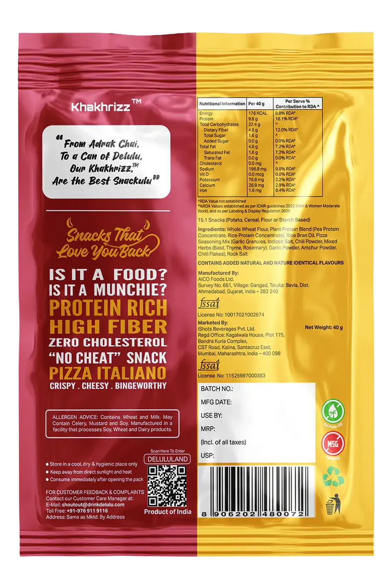 Delulu Khakhrizz™ Pizza Italiano spicy Indian flatbread chips with 10g protein, 5g fiber and no palm oil