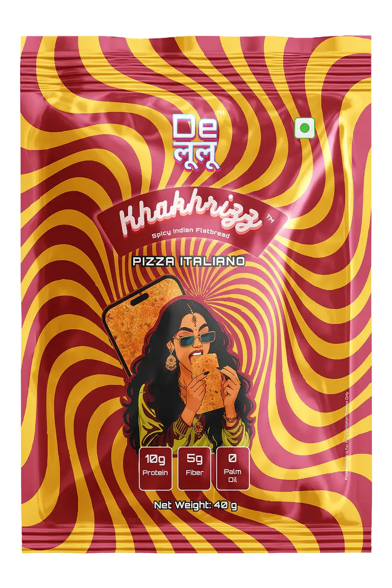 Delulu Khakhrizz™ Pizza Italiano spicy Indian flatbread chips with 10g protein, 5g fiber and no palm oil